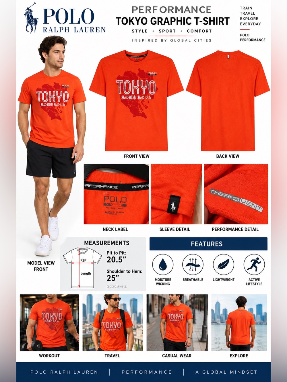 Polo Ralph Lauren Performance Tokyo Graphic T-Shirt Men’s Orange Athletic Tee